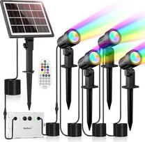 MEIHUA Saulės prožektorius RGB su nuotolinio valdymo pulteliu IP66 atsparus vandeniui 10 spalvų 30 ciklo režimų Sodo apšvietimas Spalvotas laikmatis Sodo apšvietimas lauko sodams Kelias Kalėdų dienos dekoracijos Helovinas 4 vnt.