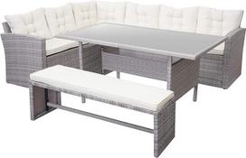 Mendler HWC-A29 Poly Rattan sodo baldų komplektas Lounge Valgomojo stalo komplektas Sofa + suoliukas Šviesiai pilka pagalvėlė Cream