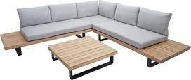 Mendler HWC-H54 Sodo baldų komplektas Lounge Set Spun Poly Acacia Wood FSC Aluminium Šviesiai ruda apmušalai Šviesiai pilka