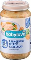 Meniu: grietinėlės daržovės su ryžiais ir pudingu, 220 g – prekės ženklas „DM Deutschland“ – suderinama su „Babylove“ – meniu: grietinėlės daržovės su ryžiais ir jūrų lydeka nuo..., 220 g
