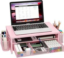Metalinis monitoriaus stovas, biuro stalo stovas su lentynos organizatoriumi, biuro organizavimas, stalo organizatorius su stalčiumi ir rašiklio laikikliu, 2 lygių kompiuterio stovas iMac, PS4, PC