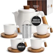 MIAMIO - 1 litro talpos keramikinis arbatinukas su sietelio įdėklu ir puodeliais/arbatos sieteliu, 4 keramikiniai arbatos puodeliai (300 ml), bambukinis padėkliukas ir rankena namams ir biurui (baltas)