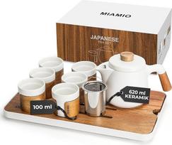 MIAMIO - Japoniškas/kinietiškas arbatos rinkinys 6 x 100 ml/azijietiškas arbatinukas 620 ml su arbatos sieteliu, tradicinių japoniškų arbatinukų rinkinys arbatos mėgėjams/vyrams/moterims (baltas)