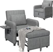 Miegamasis krėslas su miego funkcija, krėslas su miego funkcija, išskleidžiama sofa-lova su reguliuojamu atlošu, USB/Type-C ir puodelio laikikliu, pilkos spalvos
