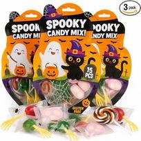 MIJOMA „Spooky Candy Mix“ – 3 vnt. Helovino saldainių rinkinys, po 130 g – kiekviename po 15 vienetų: spiralės formos saldainiai ant pagaliuko, skeletų formos saldainiai ant pagaliuko ir moliūgų formos zefyrai – šventinis saldainių rinkinys „Trick or Trea