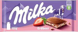 Milka Strawberry - Alpių pieno šokoladas su vaisių pieno kremu ir braškių gabalėliais - 100 g