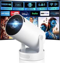 Mini projektorius, „Philoent Smart Projector“ 4K/1080P, palaiko naujausias programas, „Wi-Fi 6“, „Bluetooth 5.4“, ekrano rodymą automobilyje, trapecio formos iškraipymų korekciją, mažą triukšmo lygį; itin trumpo atstumo projektorius užtikrina didelį vaizd