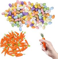 Mini velykinių kiaušinių rinkinys - 100 vnt. polistireninių kiaušinių (2,5 cm x 1,8 cm) ir 40 mini morkų (5,5 cm + 7 cm lapai) - idealiai tinka pavasario vainikams, velykinėms dekoracijoms, amatų projektams ir šventėms