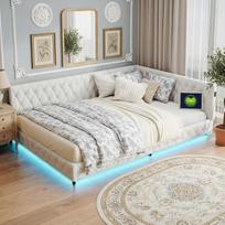 Minkšta lova sofa-lova 140 x 200 cm, kampinė lova sofa-lova su LED ir USB, L formos dienos lova sofa-lova su skersiniu rėmu, vaikiška lova, jaunimo lova, dienos lova, dvigulė lova, pliušinis aksomo audinys