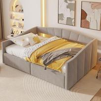 Minkšta sofa-lova 140 x 200 cm, su hidrauline saugykla, su skersiniu rėmu ir porankiais, klasikiniais dryžiais, universali dvigulė, odai nekenksmingas aksomo audinys, šviesiai pilka