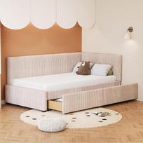 Minkšta sofa-lova 90 x 200 cm, daugiafunkcinė lova su 2 dideliais stalčiais ir skersiniu rėmu, odai draugiškas aksomo audinys (smėlio spalvos)