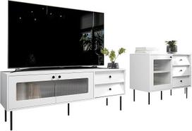 Mirjan24 Virento I svetainės komplektas, svetainės spinta, sieninė panelė, metalinės kojelės, amortizuota fiksavimo sistema, komplekte: Komoda, televizoriaus staliukas (balta)