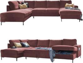 MIUFORM kampinė U formos sofa su miego funkcija ir lovos dėže, "Lofty Lilly", gyvenamasis kambarys, sofa, sofa lova, svetainė, svečių kambarys, aksominės metalinės kojelės (koralų spalvos, kairėje pusėje)