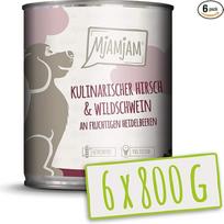 MjAMjAM - Aukščiausios kokybės drėgnas maistas šunims - kulinarinis elnienos ir šernų maistas su spanguolėmis, 6 vnt. (6 x 800 g), be grūdų, su papildoma mėsa