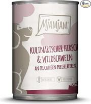 MjAMjAM - Aukščiausios kokybės drėgnas maistas šunims - kulinarinis elnienos ir šernų maistas su spanguolėmis, 6 vnt. (6 x 400 g), be grūdų, su papildoma mėsa