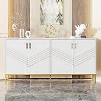 ModernLuxe Sideboard Balto aukso komoda 4 durys Sideboard Gyvenamasis kambarys Valgomasis kambarys Sandėliavimo baldai Modernus MDF Sideboard Metalinės kojos Didelė saugojimo erdvė gyvenamajame kambaryje, valgomajame ir prieškambaryje