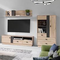 Modernus 3 dalių svetainės baldų komplektas su ąžuolo antracito akcentais, vitrina, žemynine lentyna ir sienine lentyna
