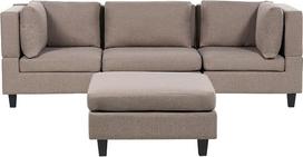 Modulinė 3-vietė sofa su audiniu apmušalu, rudos spalvos storais pagalvėliais ir pufu, šiuolaikinio stiliaus „Unstad“