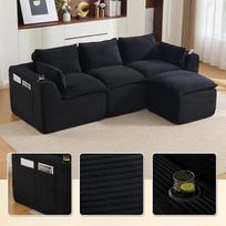 Modulinė 3-vietė sofa su kordiniu apmušalu, skirta svetainei, juodos spalvos, su pėdų pufu