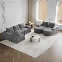 Modulinė sofa, kampinė sofa su šezlongu 322 x 271 x 81 cm, daugiavietė sofa, modulinė sofa, šenilinė sofa su lenktais elementais ir kėdė, modulinė kombinuota sofa, pilka
