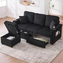 Modulinė velvetinė kampinė sofa su miego funkcija, sofa su LED apšvietimu ir USB-C jungtimi, su daiktų laikymo pėdos atrama, patogiais puodelių laikikliais ir šoninėmis kišenėmis, juoda