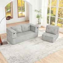 Modulinis audinio „Wolkensofa“ komplektas, susidedantis iš miegamojo sofos ir fotelio, šviesiai pilkos spalvos