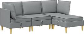 Modulinis sofų komplektas su daiktų laikymo erdve, 4 dalių svetainės komplektas su pufu, šviesiai pilkos spalvos audinio sofa, kampinė sofa svetainei, lengvai prižiūrimi minkštieji baldai, 210 x 140 cm