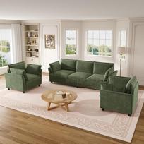 Modulinis sofų komplektas, šenilinė medžiaga, 3-vietė sofa + 2 foteliai, su pagalvėlėmis, minkštai apmušta, „Cloud“ komfortas, modernus dizainas, žalia spalva