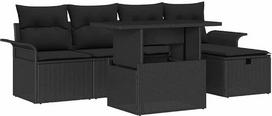 Modulinis „Poly Rattan“ sofų komplektas su pagalvėlėmis, 6 dalių, juodos spalvos, susidedantis iš dviejų vidurinių sėdynių, dviejų sėdynių su porankiais, pėdų atlošo ir reguliuojamo sodo stalo