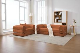 Modulinis „Cord“ sofų komplektas: 1-vietė + 2-vietė, rėmo neturinti ant grindų statoma sofa, storai paminkštinta, dryžuota „Cord“ medžiaga, kampinė sofa, skirta svetainei, miegamajam, butui