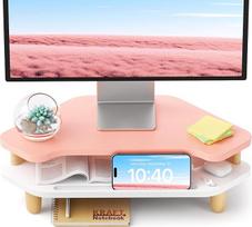 Monitoriaus stovas, 2 pakopų kampinis medinis monitoriaus stovas, tvirtas kompiuterio stovas, universalus stalinis stovas nešiojamajam kompiuteriui, kompiuteriui, iMac, spausdintuvui, kompiuteriui, rožinis