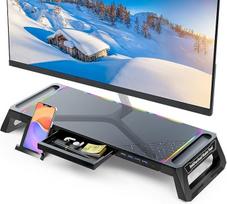 Monitoriaus stovas, skirtas žaidimams prie stalo, su 4 USB 3.0 jungčių blokeliu ir RGB apšvietimu; sulankstomas kompiuterio ekrano pakėlėjas su stalčiu ir rašiklių dėklu, skirtas stacionariam kompiuteriui, nešiojamajam kompiuteriui ar „iMac“ – juodos spal