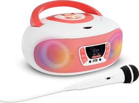 mooov 477409 CD grotuvas, vaikiškas radijas su mikrofonu karaokė funkcijai, USB prievadas - vaikiškas nešiojamasis radijas su rankenėle ir šviesos efektais - maitinamas iš tinklo arba baterijomis - rožinis/baltas