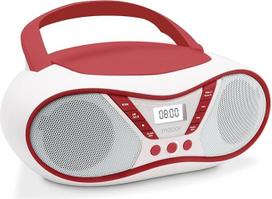 MOOOV 477411 Nešiojamas CD grotuvas su radiju, USB, garsiakalbiu, mini lagamininis radijo imtuvas vaikams ir senjorams, retro dizainas, MP3, idealiai tinka virtuvėje ir vaikų kambaryje, maitinamas iš tinklo arba baterijomis, raudonas