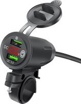 Motociklui skirta USB lizdas, 12 V/24 V automobilinis įkroviklis su dviem „QC 3.0“ USB lizdais, automobilinis įkroviklis su LED voltmetru, skirtas motociklams, kemperiams, lengviesiems automobiliams ir sunkvežimiams