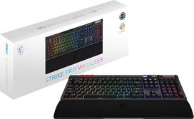 MSI Strike PRO Wireless, QWERTZ, DE išdėstymas – tyli mechaninė žaidimų klaviatūra, tylūs taktiliniai jungikliai, PBT klavišų dangteliai, 2,4 GHz, „Bluetooth“, „RGB Mystic Light“, 4200 mAh baterija, pilno dydžio