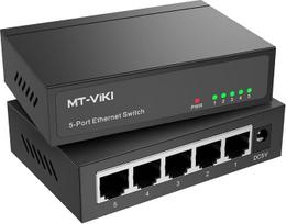 MT-VIKI LAN komutatorius, 5 prievadų gigabito komutatorius, nevaldomas tinklo komutatorius, platintojas, montuojamas ant stalo arba prie sienos, metalinis korpusas, „Plug & Play“