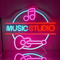 Muzikiniai neoniniai ženklai sienų apdailai, muzikos studija, raidės, neoninė šviesa, užtamsinama gitara, LED neoniniai žibintai, rožinės natos, neoninės šviesos ženklas muzikos studijai, barui, koncertui, muzikai, klubui, barui