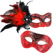 MYSEUNI „Neue Venezianische Maskerade“ kaukių rinkinys poroms: moteriška puskaukė su plunksnomis ir vyriška kaukė, skirta karnavalui ir kaukių baliui