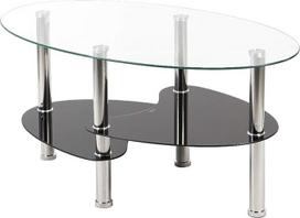MZ0404-03 Ovalus stiklinis kavos staliukas su chromuotomis kojelėmis ir 2 lentynomis, saugaus stiklo kavos staliukas, svetainės stalas / kavos staliukas, 90 x 50 x 43 cm (skaidri juoda)
