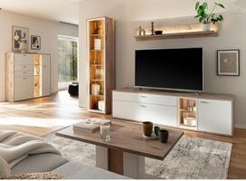 Namų baldai 5 modernių ąžuolinių sieninių spintelių rinkinys, 1 vitrina, 1 sieninė lentyna, 1 žema lentyna, 1 aukšta lentyna, 1 kavos staliukas su LED apšvietimu