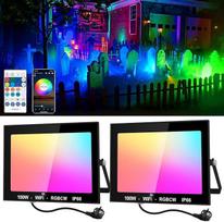NATPOW 100 W RGB lauko prožektorius, išmanusis RGB prožektorius su nuotolinio valdymo pulteliu ir "Bluetooth" programėle, LED prožektorius, keičiantis spalvas, IP66 vandeniui atsparus prožektorius sodams, kiemams (2 vnt.)
