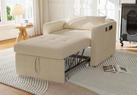 Nedidelė sofa-lova, 3-in-1, ištraukiama lova 190 cm su šonine kišene, sulankstoma miegamoji kėdė, atlošiama kėdė, sulankstoma sofa, miegamoji taburetė su lovos funkcija iki 200 kg, smėlio spalvos šenilinis audinys (smėlio spalvos)