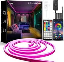 Neoninė RGB LED juosta, 8 m, 24 V, apšviečiama, IP65 vandeniui atspari, lanksti, silikoninė LED juosta, "pasidaryk pats" su programėlės valdymu, muzikos sinchronizavimu, maitinimo šaltiniu ir nuotolinio valdymo pulteliu, skirta naudoti patalpose ir lauke