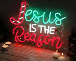 Neono ženklas „Huquary Jesus Is the Reason“ – Kalėdinis LED ženklas, 16,5 x 11,8 colių, apšviestas sieninis meno dirbinys, neono šviesa, maitinamas per USB, skirtas ceremonijoms, vakarėliams, barams, namams, gimtadieniams, Biblijos temoms, bažnyčios dekor