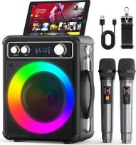 Nešiojamas karaokės grotuvas su 2 belaidžiais mikrofonais, „Ankuka“ 15 W „Bluetooth“ garsiakalbis suaugusiems ir vaikams su LED šviesos efektais, palaiko TF/USB, FM, įrašymo funkciją, AUX įvestį, TWS – vakarėliams ir gimtadieniams