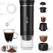Nešiojamasis kavos aparatas "3-in-1" su temperatūros ekranu, greitas kaitinimas, 80 ml, 20 barų slėgis, suderinamas su maltos kavos kapsulėmis, 7500 mAh USB-C, skirtas kelionėms ir biurui (juodas 2025)