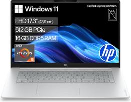 Nešiojamasis kompiuteris „HP OmniBook 3“ (17,3 colių FHD ekranas, „AMD Ryzen 5“, 16GB RAM, 512GB, „Windows 11“, QWERTZ) - Sidabrinis | Patikimas nešiojamasis kompiuteris kasdieniam naudojimui, darbui biure ir transliacijoms su atspindžių nesukeliančiu e