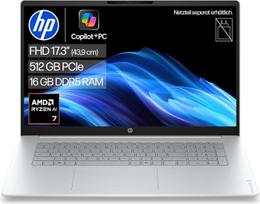 Nešiojamasis kompiuteris „HP OmniBook 3“ (17,3 colio FHD ekranas, „AMD Ryzen AI 7“, „Copilot+“, 16GB RAM, 512GB, „Win11“, QWERTZ) - Sidabrinis | „Copilot+“ dirbtinio intelekto nešiojamasis kompiuteris su dideliu ekranu, skirtas produktyviai atlikti keli