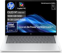 Nešiojamasis kompiuteris „HP OmniBook X“ (14 colių 2K ekranas, „Intel Core Ultra 7“, 16GB RAM, 1 TB, „Windows 11“, QWERTZ) - Sidabrinis | „Premium-KI-Notebook“, 2K OLED ekranas, skirtas produktyviam darbui ir kūrybiniams projektams, 50 NPU TOP – be maiti